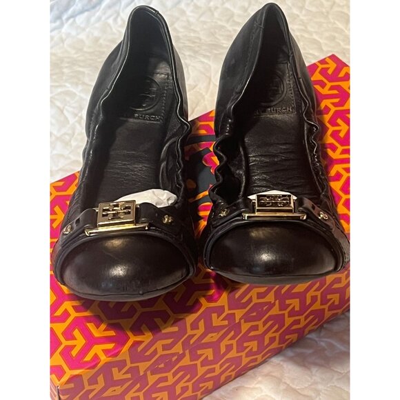 TORY BURCH Ambrose Ballet Flats Leather Camel Black Gold Buckle Women's Size 7 B - Picture 3 of 12